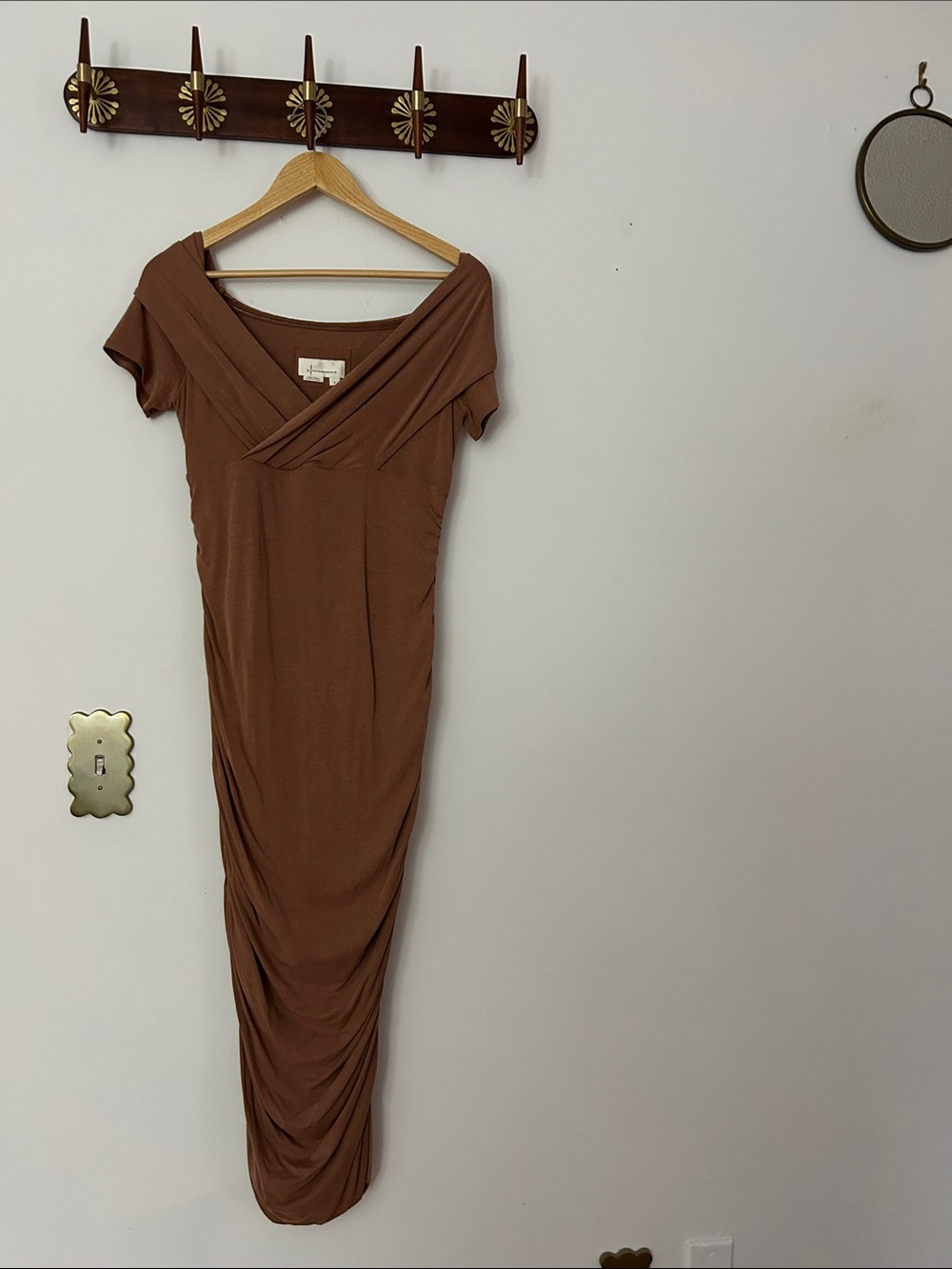 Anthropologie Brown Off-Shoulder Draped Maxi Dress